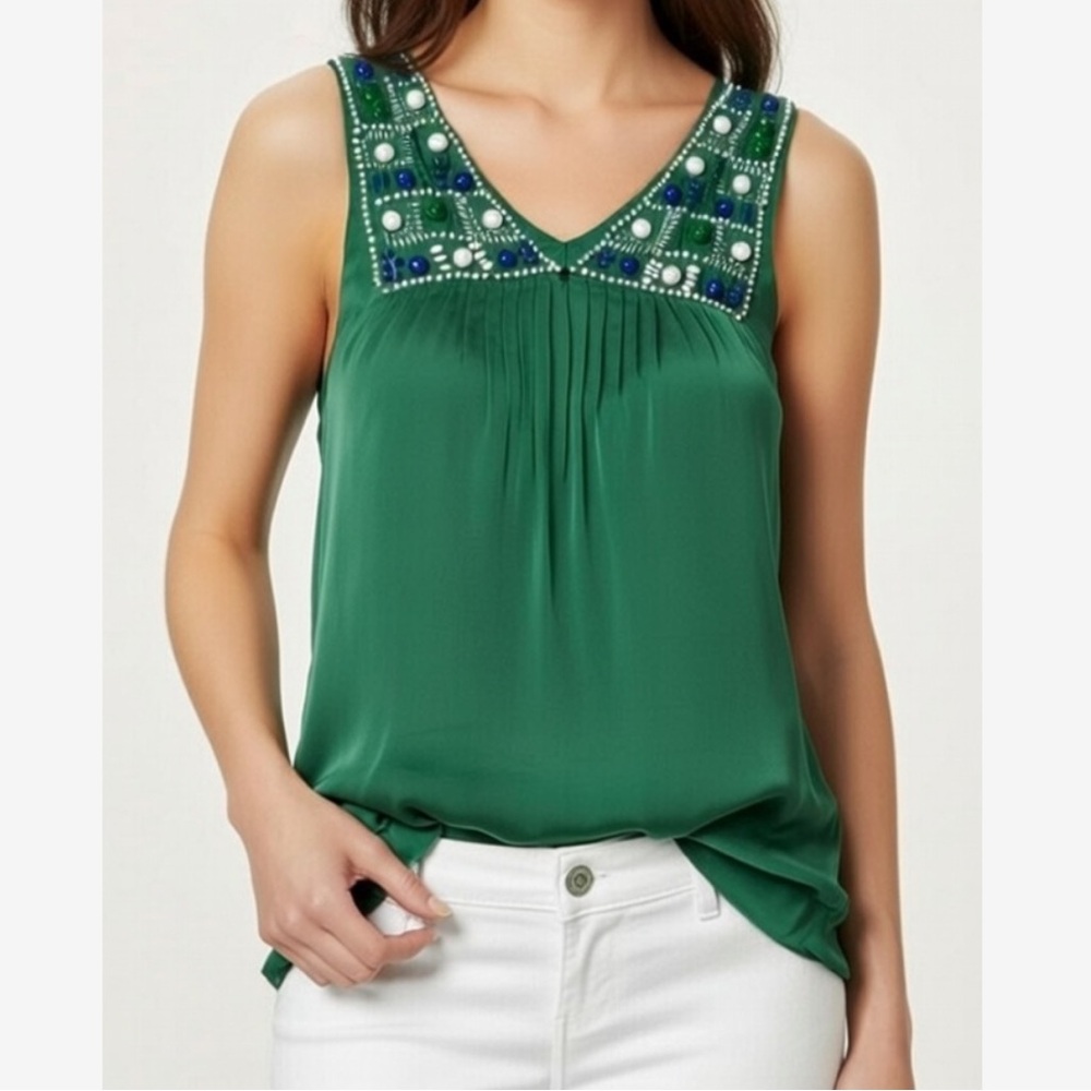 BCBGMAXAZRIA Silk Green Beaded Sleeveless Boho Blouse